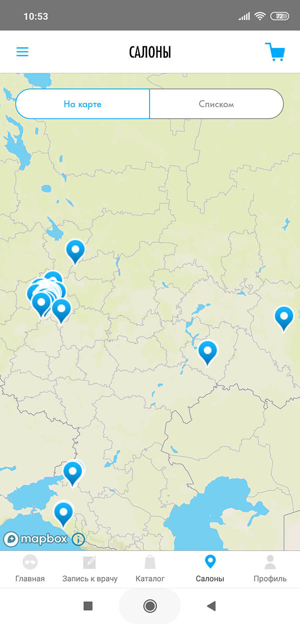 адреса салонов оптики ОЧкарик на карте в мобильном приложении Очкарик